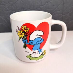 Smurfs Heart and Flowers Vintage Ceramic Mug Excellent
